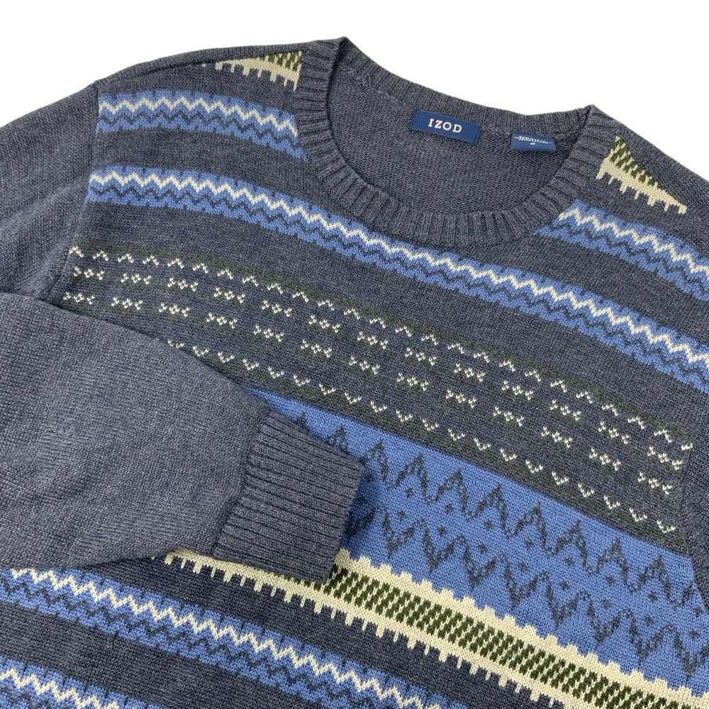Izod Mens Medium Fair Isle‎ Sweater Nordic Knit Pullover Crewneck Gray Blue